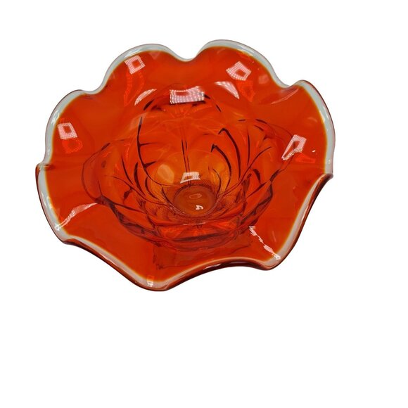Viking Orange Glass Ruffle Cabbage Leaf Pedestal Bowl Elegant Design Vintage - Picture 2 of 6